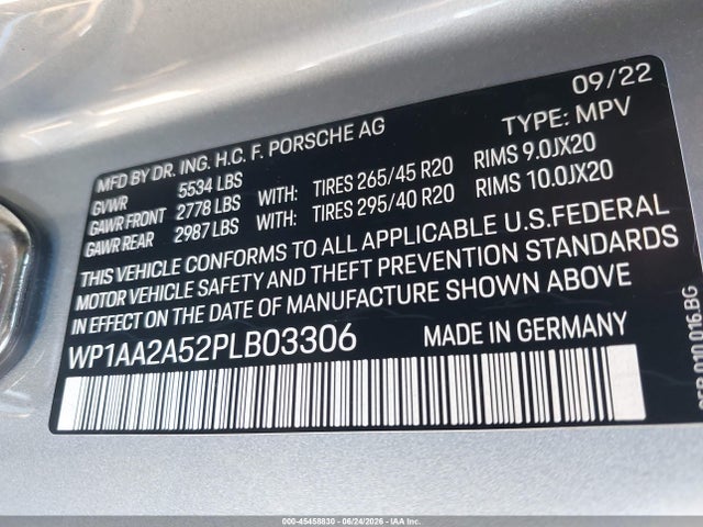 45458830 :رقم المزاد ، WP1AA2A52PLB03306 vin ، 2023 Porsche Macan T مزاد بيع