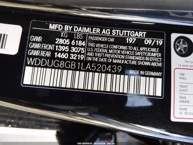 45458835 :رقم المزاد ، WDDUG8GB1LA520439 vin ، 2020 Mercedes-benz S 560 4matic مزاد بيع