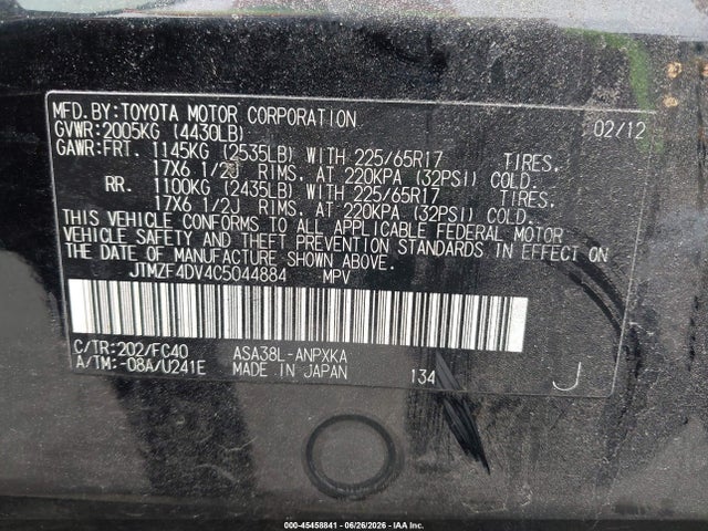 Aukcja sprzedaży 2012 Toyota Rav4, vin: JTMZF4DV4C5044884, numer aukcji: 45458841