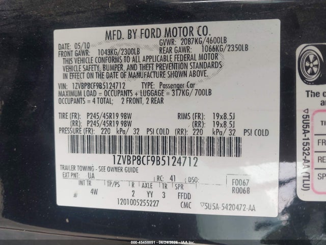 45458851 :رقم المزاد ، 1ZVBP8CF9B5124712 vin ، 2011 Ford Mustang Gt Premium مزاد بيع