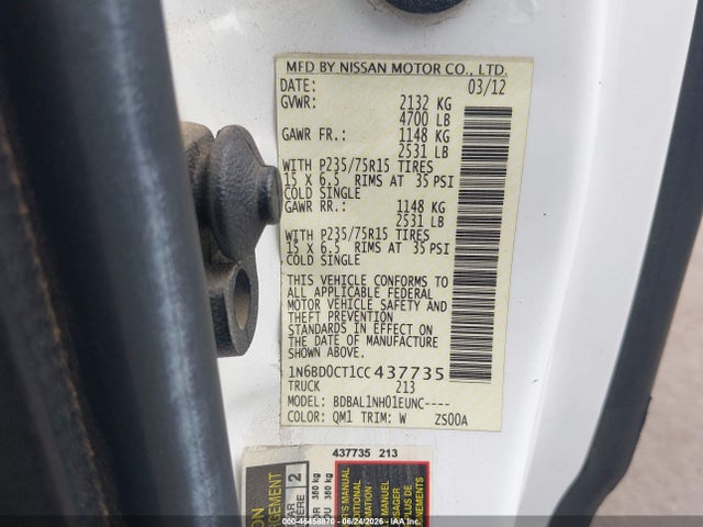 Продажа на аукционе авто 2012 Nissan Frontier S, vin: 1N6BD0CT1CC437735, номер лота: 45458870