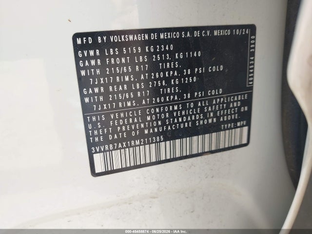 2024 Volkswagen Tiguan 2.0t S მანქანა იყიდება აუქციონზე, vin: 3VVRB7AX1RM211385, აუქციონის ნომერი: 45458874