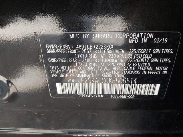 2019 Subaru Forester მანქანა იყიდება აუქციონზე, vin: JF2SKACC0KH506514, აუქციონის ნომერი: 45458888