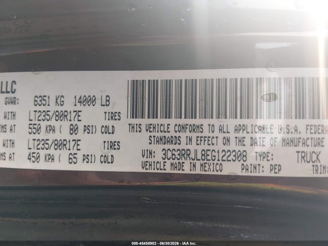 45458902 :رقم المزاد ، 3C63RRJL8EG122308 vin ، 2014 Ram 3500 Laramie مزاد بيع