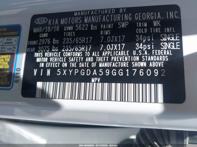 KIA Sorento 3.3l Lx 2016 5XYPGDA59GG176092 Image 9