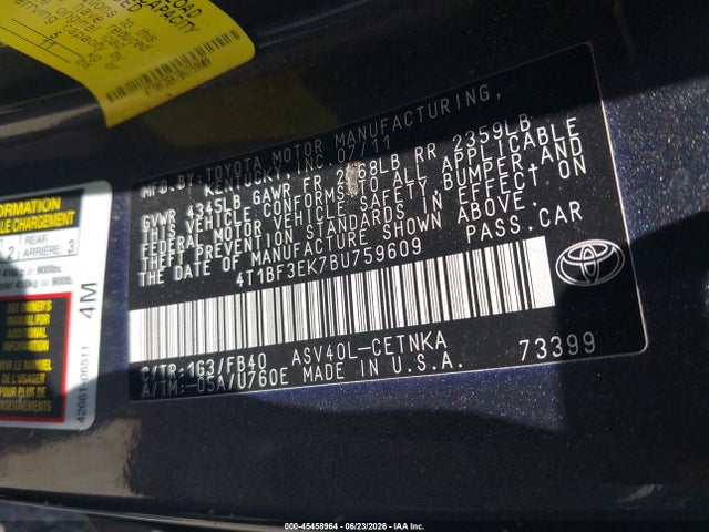2011 Toyota Camry Le მანქანა იყიდება აუქციონზე, vin: 4T1BF3EK7BU759609, აუქციონის ნომერი: 45458964