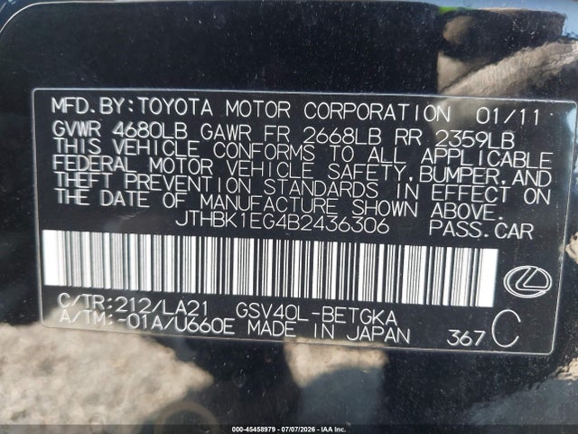 45458979 :رقم المزاد ، JTHBK1EG4B2436306 vin ، 2011 Lexus Es 350 مزاد بيع