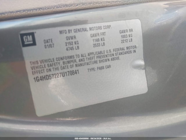 2007 Buick Lucerne Cxl მანქანა იყიდება აუქციონზე, vin: 1G4HD57227U170841, აუქციონის ნომერი: 45458998
