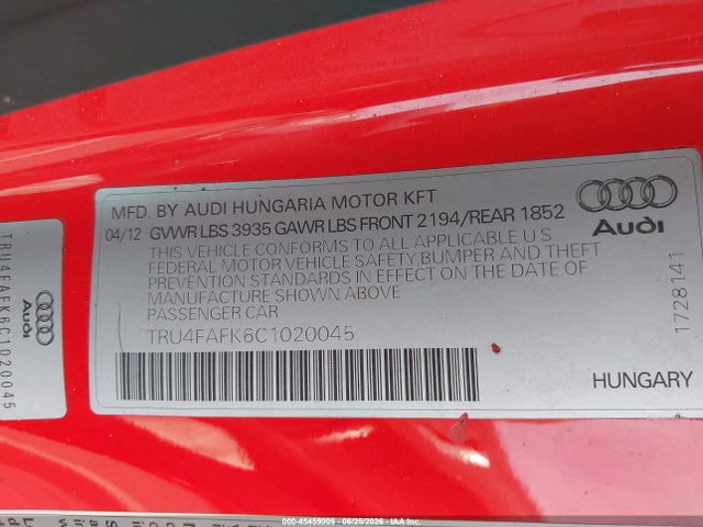 Продажа на аукционе авто 2012 Audi Tt 2.0t Prestige, vin: TRU4FAFK6C1020045, номер лота: 45459005