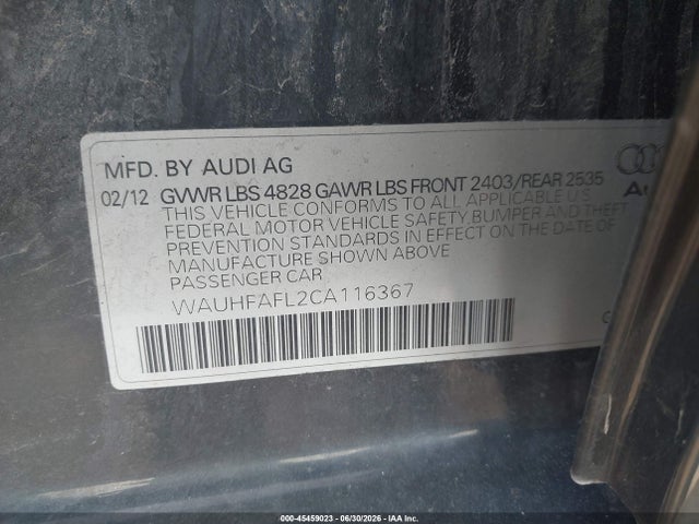 2012 Audi A4 2.0t Premium Plus მანქანა იყიდება აუქციონზე, vin: WAUHFAFL2CA116367, აუქციონის ნომერი: 45459023