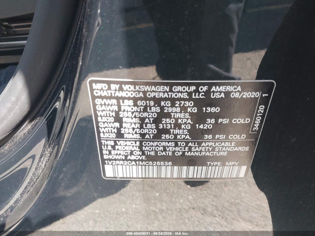 2021 Volkswagen Atlas 3.6l V6 Se W/technology R-line მანქანა იყიდება აუქციონზე, vin: 1V2RR2CA1MC525536, აუქციონის ნომერი: 45459031