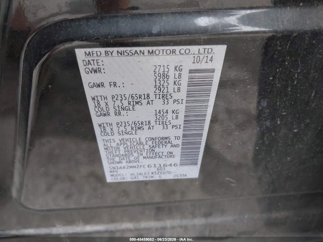 Aukcja sprzedaży 2015 Nissan Pathfinder Sv, vin: 5N1AR2MN2FC611646, numer aukcji: 45459052