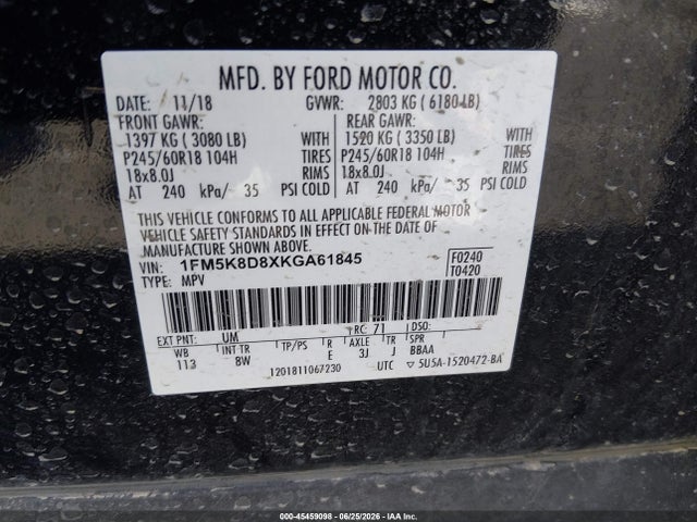 Aukcja sprzedaży 2019 Ford Explorer Xlt, vin: 1FM5K8D8XKGA61845, numer aukcji: 45459098