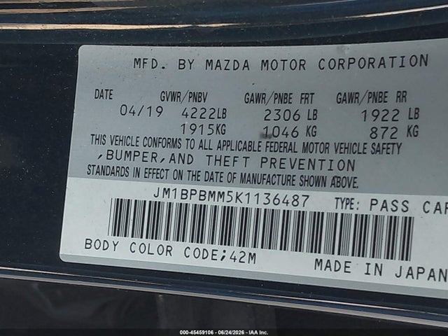Aukcja sprzedaży 2019 Mazda Mazda3 Preferred Package, vin: JM1BPBMM5K1136487, numer aukcji: 45459106