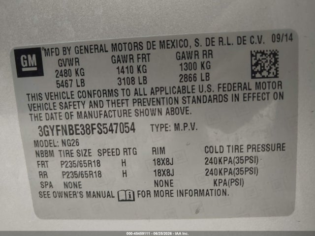 Продаж на аукціоні авто 2015 Cadillac Srx Luxury Collection, vin: 3GYFNBE38FS547054, номер лоту: 45459111