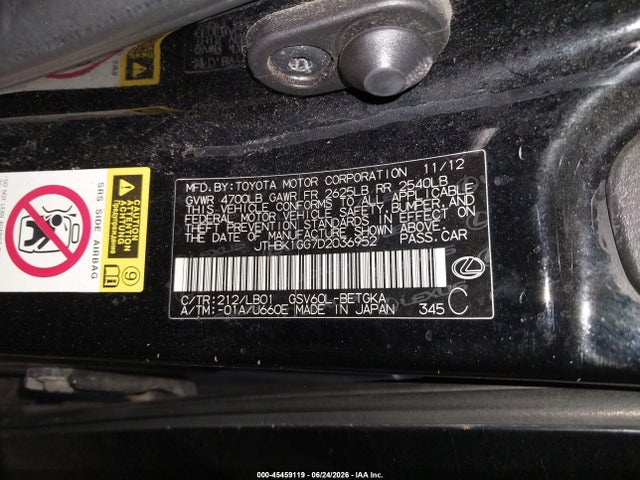 45459119 :رقم المزاد ، JTHBK1GG7D2036952 vin ، 2013 Lexus Es 350 مزاد بيع