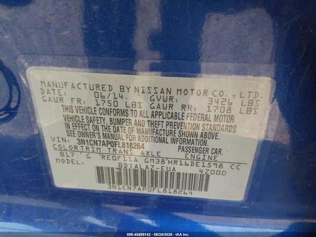 Aukcja sprzedaży 2015 Nissan Versa 1.6 S+, vin: 3N1CN7AP0FL818264, numer aukcji: 45459142