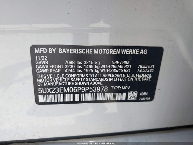 45459183 :رقم المزاد ، 5UX23EM06P9P53978 vin ، 2023 Bmw X7 Xdrive40i مزاد بيع