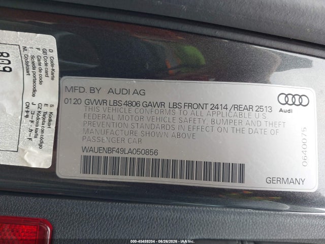 45459204 :رقم المزاد ، WAUENBF49LA050856 vin ، 2020 Audi A4 Premium Plus 45 Tfsi Quattro S Tronic مزاد بيع