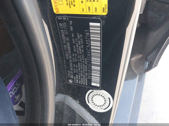 2006 Bmw 530i მანქანა იყიდება აუქციონზე, vin: WBANE73546CM37141, აუქციონის ნომერი: 45459213
