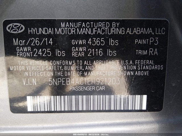 Продаж на аукціоні авто 2014 Hyundai Sonata Gls, vin: 5NPEB4AC1EH921203, номер лоту: 45459215