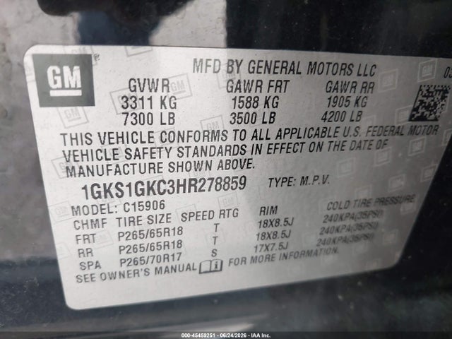 Auction sale of the 2017 Gmc Yukon Xl Slt, vin: 1GKS1GKC3HR278859, lot number: 45459251