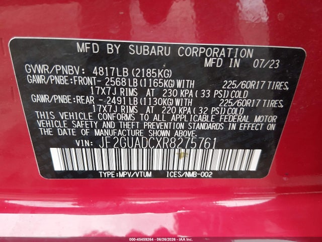 2024 Subaru Crosstrek Premium მანქანა იყიდება აუქციონზე, vin: JF2GUADCXR8275761, აუქციონის ნომერი: 45459264