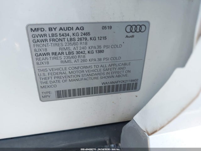 45459270 :رقم المزاد ، WA1ANAFY2K2118402 vin ، 2019 Audi Q5 45 Premium مزاد بيع