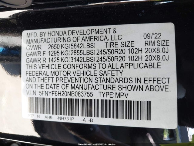 Honda Pilot Awd Special Edition 2022 5FNYF6H20NB083755 Image 9