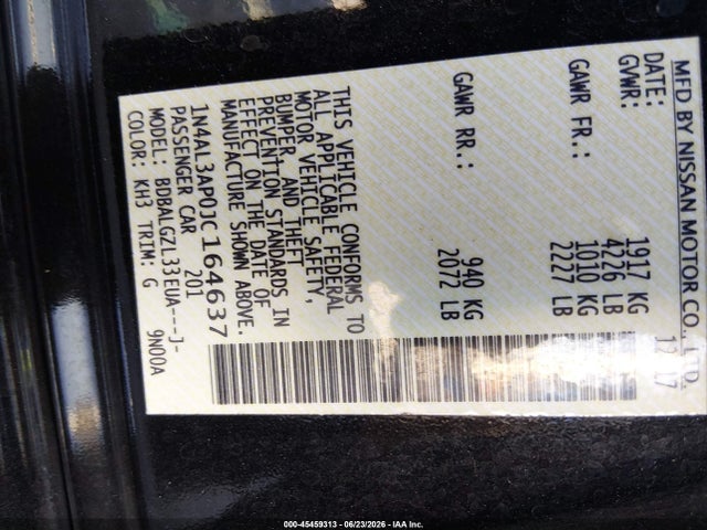 2018 Nissan Altima 2.5 S მანქანა იყიდება აუქციონზე, vin: 1N4AL3AP0JC164637, აუქციონის ნომერი: 45459313
