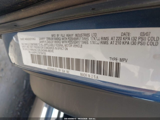 Aukcja sprzedaży 2008 Subaru Outback (natl) I/ll Bean W/nav/ll Bean W/nav/vdc, vin: 4S4BP61C787304750, numer aukcji: 45459315