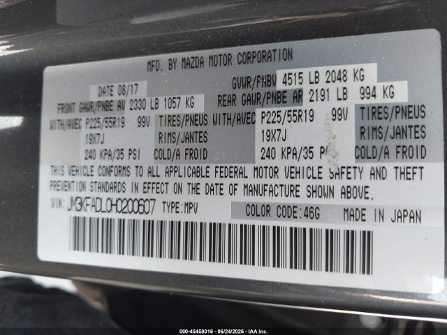 Aukcja sprzedaży 2017 Mazda Cx-5 Grand Select, vin: JM3KFADL0H0200607, numer aukcji: 45459316