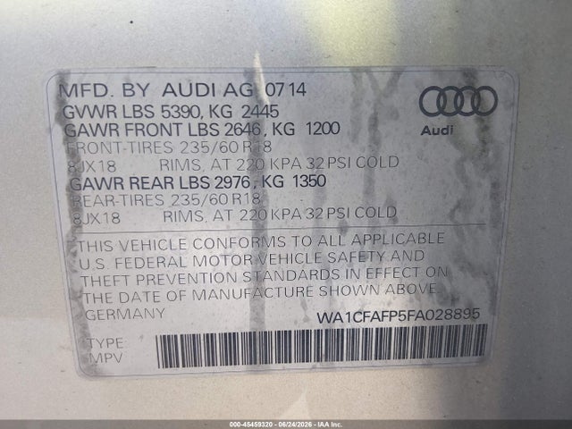 45459320 :رقم المزاد ، WA1CFAFP5FA028895 vin ، 2015 Audi Q5 2.0t Premium مزاد بيع