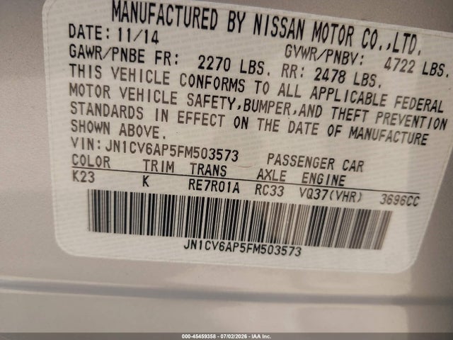 Aukcja sprzedaży 2015 Infiniti Q40, vin: JN1CV6AP5FM503573, numer aukcji: 45459358