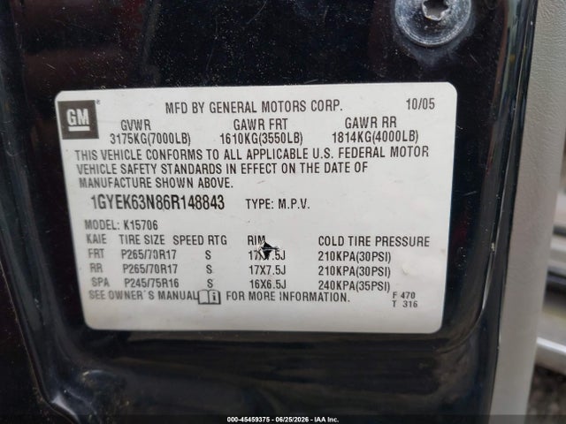 45459375 :رقم المزاد ، 1GYEK63N86R148843 vin ، 2006 Cadillac Escalade Standard مزاد بيع