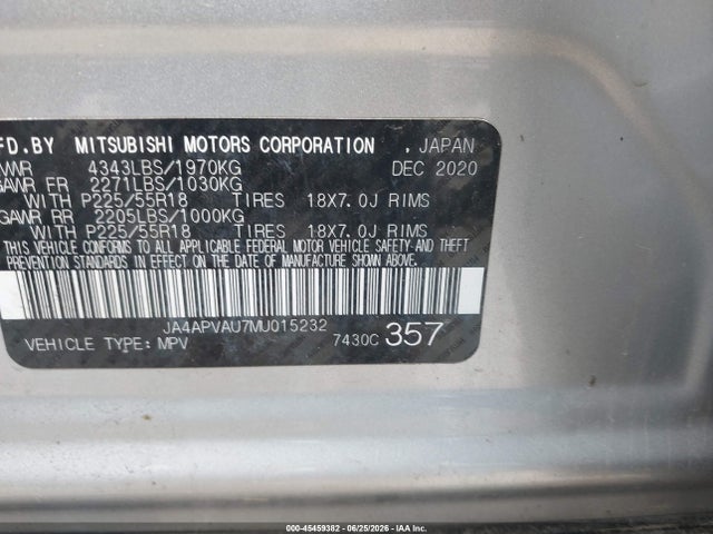 45459382 :رقم المزاد ، JA4APVAU7MU015232 vin ، 2021 Mitsubishi Outlander Sport 2.0 Se 2wd مزاد بيع