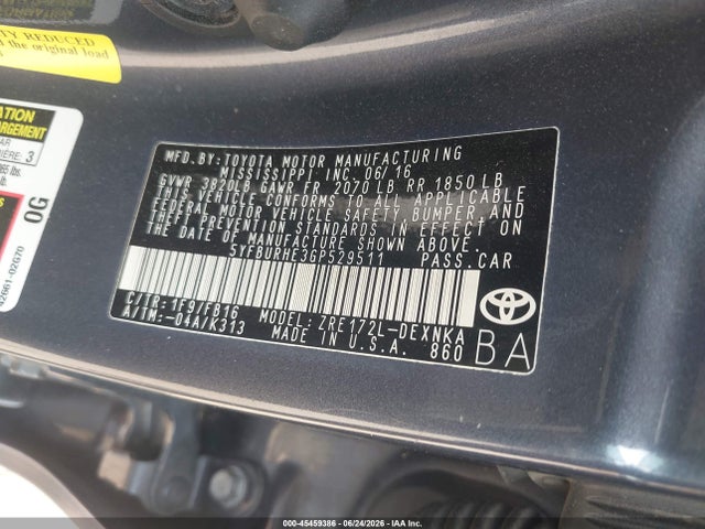 45459386 :رقم المزاد ، 5YFBURHE3GP529511 vin ، 2016 Toyota Corolla Le مزاد بيع