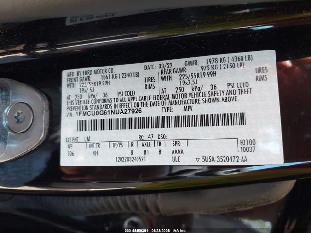 Aukcja sprzedaży 2022 Ford Escape Se, vin: 1FMCU0G61NUA27926, numer aukcji: 45459391