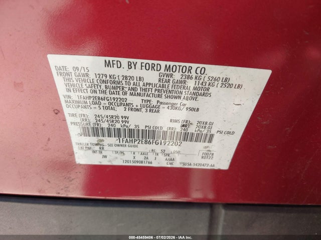 Ford TAURUS SEL 2015 1FAHP2E86FG192202 Image 9