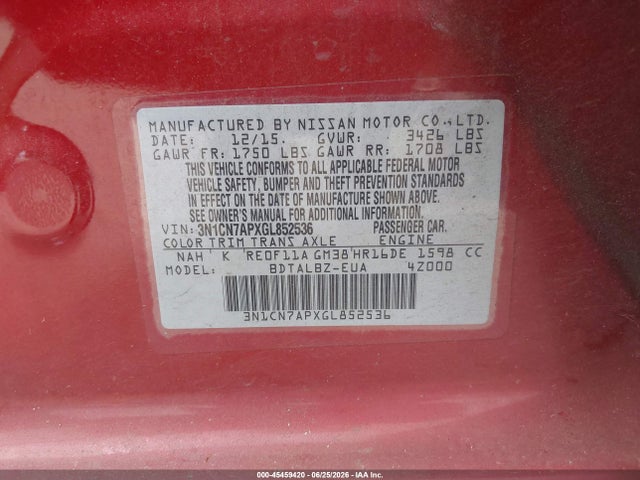 3N1CN7APXGL852536 Nissan Versa 1.6 Sv