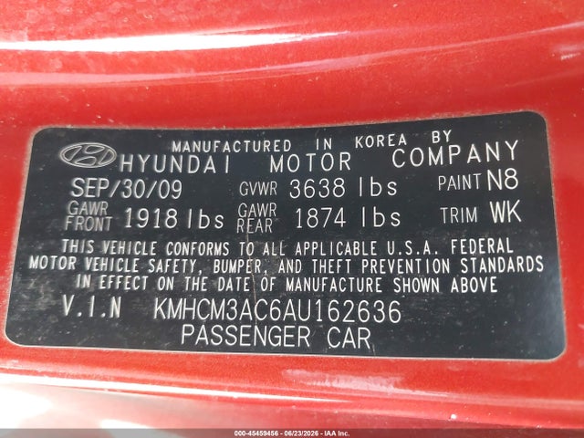 45459456 :رقم المزاد ، KMHCM3AC6AU162636 vin ، 2010 Hyundai Accent Gs مزاد بيع
