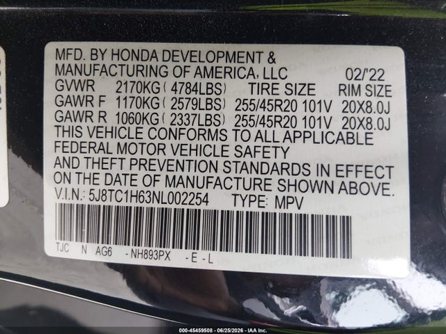 2022 Acura Rdx A-spec Package მანქანა იყიდება აუქციონზე, vin: 5J8TC1H63NL002254, აუქციონის ნომერი: 45459508