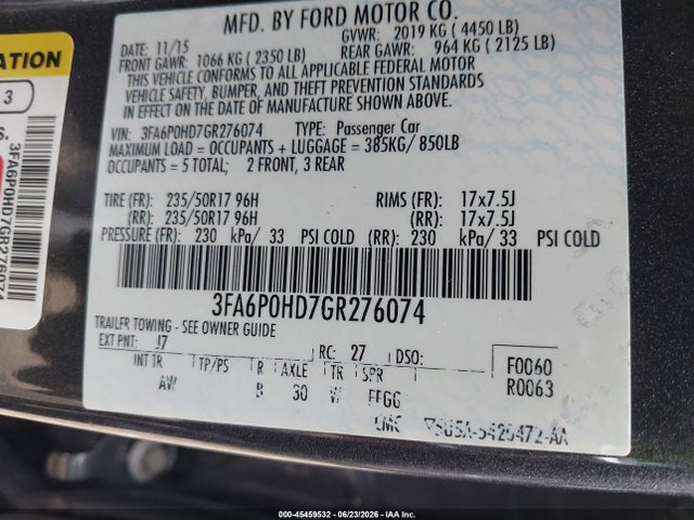 45459532 :رقم المزاد ، 3FA6P0HD7GR276074 vin ، 2016 Ford Fusion Se مزاد بيع