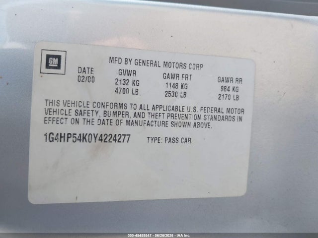45459547 :رقم المزاد ، 1G4HP54K0Y4224277 vin ، 2000 Buick Lesabre Custom مزاد بيع