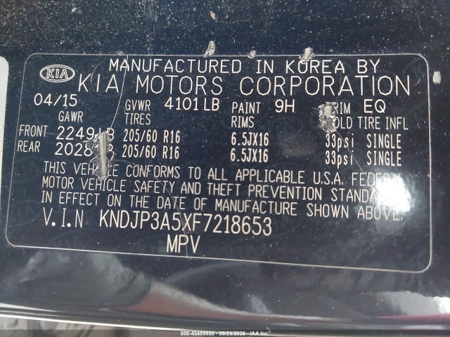45459550 :رقم المزاد ، KNDJP3A5XF7218653 vin ، 2015 Kia Soul + مزاد بيع