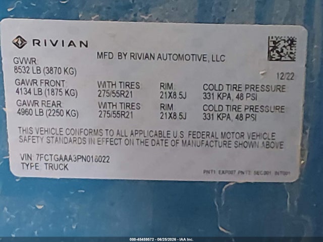 Продажа на аукционе авто 2023 Rivian R1t Adventure Quad Motor Large Pack, vin: 7FCTGAAA3PN018022, номер лота: 45459572