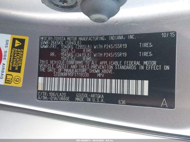 Aukcja sprzedaży 2015 Toyota Highlander Limited V6, vin: 5TDYKRFH5FS119330, numer aukcji: 45459574