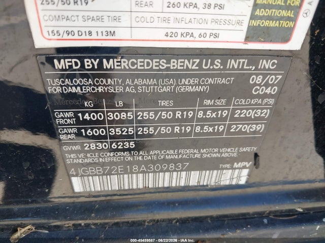 Продаж на аукціоні авто 2008 Mercedes-benz M-class 5.5l, vin: 4JGBB72E18A309837, номер лоту: 45459587