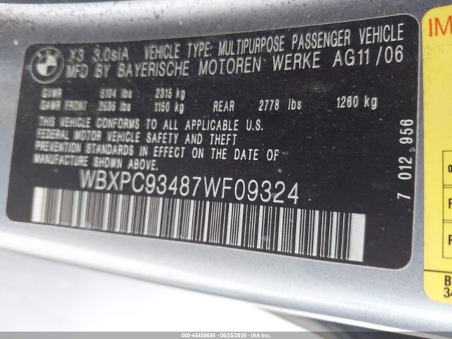 Продажа на аукционе авто 2007 Bmw X3 3.0si, vin: WBXPC93487WF09324, номер лота: 45459606