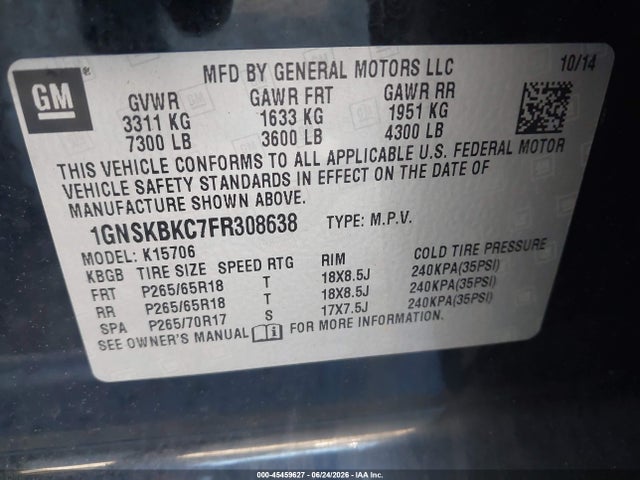 Chevrolet Tahoe Lt 2015 1GNSKBKC7FR308638 Image 9